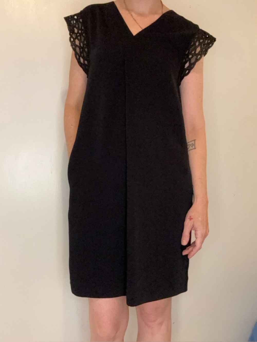 Reiss Black V-Neck Mini Dress with Crochet Cap Sleeves